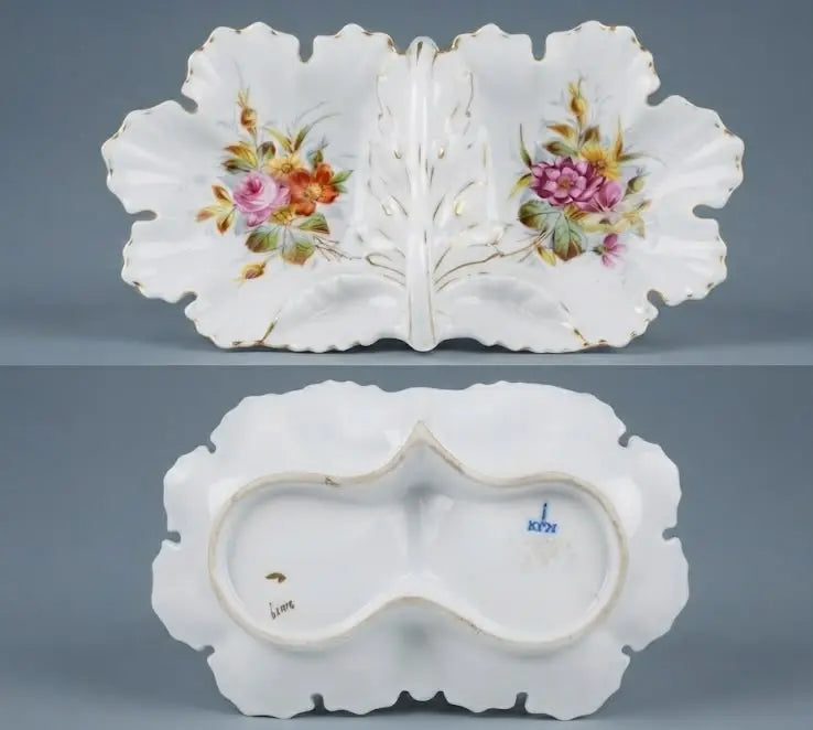 THE ROYAL ORIGIN - This exquisite, antique porcelain double-tray serving dish features a unique, nature-inspired design shaped like delicate tree leaves